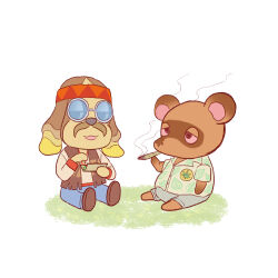  1960s_(style) alison_(alison_airlines) animal_crossing bell-bottoms bloodshot_eyes cannabis_print character_request drugs glasses highres hippie joint_(drug) marijuana opaque_glasses original pants retro_artstyle smoking stoned tom_nook_(animal_crossing) 