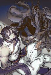  2boys arknights brothers chong_yue_(arknights) coat commentary_request dragon_boy dragon_horns dragon_tail grey_background highres horns imone_illust indian_style long_hair looking_at_viewer male_focus multiple_boys muscular muscular_male pointy_ears red_eyes shade siblings sitting sleeveless slit_pupils tail very_long_hair wang_(arknights) 