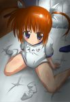  blue_eyes brown_hair buruma clothes_writing gym_storeroom gym_uniform hair_ribbon hair_ribbons highres mahou_shoujo_lyrical_nanoha one_sock purple_eyes ribbon ribbons single_sock socks takamachi_nanoha twintails 