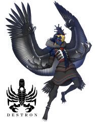 1girl black_sclera black_wings blue_hair blue_skin colored_sclera colored_skin commentary earrings eidenjyou1997 english_commentary extra_arms facepaint feathered_wings full_body genderswap genderswap_(mtf) harpy headband highres jewelry kaen_condor kaijin kamen_rider kamen_rider_v3_(series) logo monster_girl open_mouth simple_background solo talons teeth upper_teeth_only white_background winged_arms wings yellow_eyes