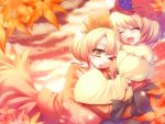  aki_minoriko aki_shizuha blonde_hair hug ichio leaf multiple_girls short_hair siblings sisters smile touhou 