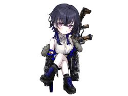  1girl apex_legends assault_rifle black_footwear black_jacket chibi chibi_only collared_shirt crop_top cropped_shirt crossed_legs ear_piercing fur-trimmed_jacket fur_trim gun hanada_ten highres ichinose_uruha ichinose_uruha_(4th_costume) invisible_chair jacket long_hair lupinus_virtual_games multicolored_hair off_shoulder piercing r-301_carbine rifle shirt sitting sleeveless sleeveless_shirt socks solo streaked_hair violet_eyes virtual_youtuber vspo! weapon white_background white_shirt wolf_cut 