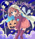  ghost halloween jack-o'-lantern mizuna_tomomi original pumpkin purple_legwear sign skirt star thighhighs 