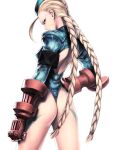  blonde_hair blue_eyes braid cammy_white fingerless_gloves garrison_cap gloves hat iwai_ryo iwai_ryou leotard panties scar solo street_fighter thong thong_leotard twin_braids twintails 