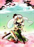  faux_traditional_media frown ghost green_eyes hairband hitodama katana kneeling konpaku_youmu konpaku_youmu_(ghost) myon nightea petals sheath sheathed short_hair silver_hair solo sword touhou weapon 