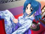  blue_hair dango food game_cg japanese_clothes kimono long_hair mutsumi_masato ponytail senagawa_satsuki sitting tea wagashi yokubari_saboten yukata 