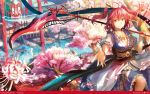  boat cherry_blossoms cleavage east_asian_architecture flower foreshortening fuji_choko hair_bobbles hair_ornament highres jewelry large_breasts light_smile looking_at_viewer necklace onozuka_komachi outstretched_arm outstretched_hand petals pink_eyes pink_hair red_eyes red_hair redhead river scythe short_hair solo spider_lily touhou tree twintails wallpaper water 