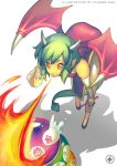  bat_wings chinadress chinese_clothes draco_centauros dragon_girl dragon_wings elbow_gloves fire gloves green_hair horns juuden pointy_ears puyopuyo short_hair tail wings yellow_eyes 