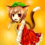  brown_hair cat_ears cat_tail chen earrings fang hat jewelry multi_tail multiple_tails red_eyes ribbon ribbons solo tail touhou yasagure_yukito 