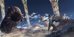  brown_hair cape fantasy gloves highres katou_taira landscape male monster scenery sword wallpaper weapon widescreen wyrm 