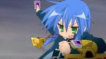  cap duel_disk green_eyes izumi_konata long_hair lucky_star parody screencap yu-gi-oh! yuu-gi-ou yuu-gi-ou_duel_monsters 