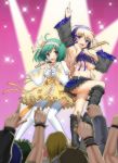  blue_eyes breasts detached_sleeves green_hair kotobuki_utage legs long_hair macross macross_frontier microphone midriff navel ranka_lee red_eyes sheryl_nome short_hair thigh-highs thighhighs under_boob underboob zettai_ryouiki 