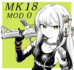  1girl anchor_earrings assault_rifle black_gloves black_one-piece_swimsuit character_name competition_swimsuit cup detached_sleeves earrings english_commentary f4_u girls_frontline gloves green_background green_eyes gun hair_ornament highres holding holding_cup jewelry m4_carbine mixed-language_commentary mk.18_(girls'_frontline) one-piece_swimsuit rifle russian_commentary solo swimsuit weapon 