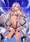  1girl altera_(fate) ass_visible_through_thighs bangs bare_shoulders black_nails blue_sky blunt_bangs breasts choker clouds cloudy_sky dark_skin day detached_sleeves eyebrows_visible_through_hair fate/grand_order fate_(series) full_body_tattoo headdress ibuki_notsu legs looking_at_viewer midriff nail_polish navel outdoors parted_lips red_eyes red_footwear revealing_clothes shiny shiny_skin short_hair showgirl_skirt skirt sky small_breasts socks solo standing star_(sky) stomach tan tattoo thighs veil white_hair white_skirt 