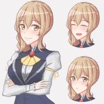  1girl blush brown_eyes brown_hair closed_eyes crossed_arms expressions goblin_slayer! guild_girl_(goblin_slayer!) moveslikebagel open_mouth smile solo uniform 