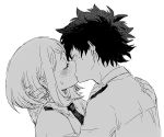  1boy 1girl blush boku_no_hero_academia couple freckles hetero hk_(nt) kiss midoriya_izuku monochrome necktie scar short_hair sidelocks u.a._school_uniform uraraka_ochako 