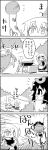  4koma :x apron arms_up bending_backward bow bush comic commentary_request cooking emphasis_lines eyebrows_visible_through_hair fire futatsuiwa_mamizou glasses greyscale hair_between_eyes hair_bow highres holding jitome jumping kirisame_marisa leaf leaf_on_head long_hair long_sleeves monochrome mushroom patchouli_knowledge pince-nez raccoon_tail sitting skewer smile sweat tail tani_takeshi touhou translation_request very_long_hair yukkuri_shiteitte_ne 