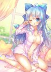  1girl ;o ahoge bangs bare_legs barefoot blue_bow blue_eyes blue_hair blue_wings blush bow breasts cirno collared_shirt commentary_request dress_shirt dutch_angle hair_bow ice ice_wings indoors long_hair looking_at_viewer medium_breasts naked_shirt navel older on_bed one_eye_closed pillow pink_shirt pjrmhm_coa shirt sitting sleepy solo star_pillow touhou wariza window wing_collar wings yellow_pillow 