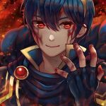  1boy 1girl blood blue_eyes blue_hair cape fire_emblem fire_emblem:_mystery_of_the_emblem gloves hair_ornament kaejunni looking_at_viewer male_focus marth nintendo red_eyes short_hair simple_background smile solo spoiles super_smash_bros. super_smash_bros._ultimate tiara 