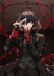  1boy amamiya_ren black_cape black_hair black_jacket black_pants brown_eyes cape card_(medium) chains cowboy_shot gloves holding holding_mask index_finger_raised jacket looking_at_viewer mask pants parted_lips persona persona_5 red_gloves short_hair smile solo standing wani_(fadgrith) 