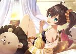  1girl ahoge animal_pillow bare_legs bed bedroom blue_eyes breasts brown_hair candy curtains food food_in_mouth hololive jacket lingerie lollipop looking_at_viewer lying_on_bed shorts side_ponytail small_breasts solo sunset tokumaro underwear 