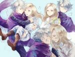  1boy 1girl blonde_hair cloak dress gloves hair_over_one_eye jewelry long_hair necklace octopath_traveler okii open_mouth ophilia_(octopath_traveler) scarf short_hair simple_background smile staff therion_(octopath_traveler) white_hair 