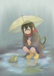  1girl asui_tsuyu blue_skirt boku_no_hero_academia boots coat frog green_hair grey_coat hair_between_eyes highres holding holding_umbrella long_hair pigeon_princess puddle rain red_scarf reflection ripples scarf skirt smile squatting transparent transparent_umbrella umbrella very_long_hair yellow_footwear yellow_umbrella 