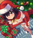  1girl ac_107 bangs bell black_hair blush bow box breast_hold breasts bridal_gauntlets brown_eyes capelet christmas christmas_ornaments christmas_tree cleavage closed_mouth covering covering_breasts dress embarrassed flying_sweatdrops from_above fur_trim gift gift_box haguro_(kantai_collection) hair_between_eyes hair_ornament hat kantai_collection leaning_forward looking_at_viewer medium_breasts nose_blush red_bow red_capelet red_dress santa_costume santa_hat short_hair solo spoken_blush standing striped striped_legwear tears thigh-highs zettai_ryouiki 