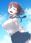  1girl ai-chan_(tawawa) bottle braid breasts brown_eyes brown_hair commentary_request day getsuyoubi_no_tawawa half-closed_eyes himura_kiseki large_breasts looking_at_viewer necktie open_mouth school_uniform shirt short_hair side_braid skirt smile solo teeth wind 