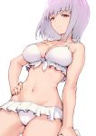  1girl arm_at_side ass_visible_through_thighs bikini breasts cleavage closed_mouth contrapposto cowboy_shot eyebrows_visible_through_hair frilled_bikini frills frown hand_on_hip haoni large_breasts lavender_hair navel red_eyes shinjou_akane short_hair simple_background solo ssss.gridman swimsuit white_background white_bikini 