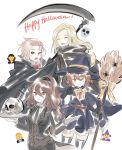  aubz blonde_hair braid brown_hair dress elbow_gloves formal gloves h&#039;aanit_(octopath_traveler) hair_bobbles hair_ornament halloween hat holding holding_scythe holding_weapon jewelry long_hair looking_at_viewer multiple_girls necklace octopath_traveler open_mouth ophilia_(octopath_traveler) ponytail primrose_azelhart red_eyes scythe short_hair skull smile suit tressa_(octopath_traveler) vampire weapon witch 