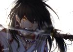  1boy bead_necklace beads black_hair blood blood_on_face bloody_clothes blue_eyes fangs glint heterochromia highres inuyasha inuyasha_(character) jewelry katana long_hair looking_at_viewer motobi_(mtb_umk) mouth_hold necklace portrait robe slit_pupils solo sweat sword twitter_username weapon white_background yellow_eyes 