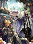  2boys ahoge armor armored_boots arthur_pendragon_(fate) blonde_hair blue_cape boots cape daisy day dress fate/prototype fate_(series) floating_hair flower gauntlets hair_between_eyes holding holding_staff holding_sword holding_weapon leaning_forward long_hair male_focus merlin_(fate/prototype) multiple_boys outdoors purple_flower red_flower silver_hair sitting sleeping staff sword very_long_hair wani_(fadgrith) weapon white_cape 