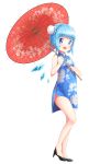  1girl absurdres akisha alternate_costume bangs bare_arms bare_legs black_footwear blue_dress blue_eyes blue_hair blue_wings blunt_bangs bun_cover china_dress chinese_clothes cirno double_bun dress eyebrows_visible_through_hair floral_print full_body hands_up high_heels highres holding holding_umbrella ice ice_wings looking_at_viewer open_mouth oriental_umbrella shoes short_dress short_hair smile solo standing touhou transparent_background umbrella wings 