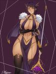  1girl black_hair black_legwear book breasts bridal_gauntlets chains cleavage collarbone commission dark_skin fur_trim green_eyes hips huge_breasts kairos+ navel original parted_lips purple_background short_hair simple_background smile solo staff thigh-highs thighs 