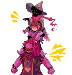  1girl :/ anger_vein bracelet brown_hair capelet carrying clenched_hand deltarune gloves hair_over_eyes hat highres jewelry kris_(deltarune) nuggetu open_mouth piggyback pink_scarf pink_skin pointing ralsei scarf sharp_teeth spiked_armlet spiked_bracelet spikes standing susie_(deltarune) teeth white_background wide_sleeves wizard_hat yellow_teeth 