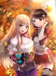  2girls :d autumn_leaves bangs belt black_belt blonde_hair blurry blurry_background blush bow braid brown_eyes brown_hair brown_skirt character_request commentary_request cowboy_shot cropped_jacket day depth_of_field eiyuu_densetsu eyebrows_visible_through_hair flower frilled_shirt_collar frills hair_bow hair_flower hair_ornament hand_up head_tilt highres jacket long_hair multiple_girls open_mouth outdoors pantyhose parted_lips puffy_short_sleeves puffy_sleeves purple_bow purple_legwear red_eyes red_jacket red_skirt shirt short_sleeves skirt smile standing usagihime very_long_hair water_drop white_flower white_shirt 