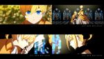  1boy 1girl 4koma aku_no_meshitsukai_(vocaloid) allen_avadonia black_bow blonde_hair blue_eyes blurry blurry_background bow brother_and_sister cel_shading choker close-up comic cravat depth_of_field dress evillious_nendaiki frilled_dress frills gloves hair_bow hand_kiss hand_on_own_chest highres juliet_sleeves kagamine_len kagamine_rin kiss kneeling long_sleeves looking_down lyrics parted_lips petals puffy_sleeves riliane_lucifen_d&#039;autriche senka_shion short_ponytail siblings smile stained_glass twins updo vocaloid white_gloves wide_sleeves 