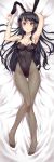  1girl animal_ears armpits arms_behind_back arms_up black_hair black_legwear black_leotard breasts bunny_girl bunnysuit cokio covered_navel dakimakura full_body hair_ornament hairclip highleg highleg_leotard highres leotard long_hair looking_at_viewer lying medium_breasts pantyhose rabbit_ears sakurajima_mai seishun_buta_yarou solo strapless strapless_leotard thigh_gap violet_eyes wrist_cuffs 