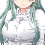  1girl aqua_hair breasts buttons collared_shirt dd_(ijigendd) head_out_of_frame kantai_collection large_breasts lips long_hair open_mouth shirt sidelocks simple_background solo suzuya_(kantai_collection) upper_body white_background white_shirt 