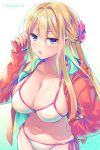  1girl artist_name bikini blonde_hair blush breasts eyebrows_visible_through_hair gradient gradient_background groin hagino_kouta hair_between_eyes hair_ornament highres hood hood_down hooded_jacket huge_breasts jacket long_hair looking_at_viewer navel open_clothes open_jacket open_mouth original pink_ribbon red_jacket ribbon side-tie_bikini sideboob solo standing sweatdrop swimsuit under_boob very_long_hair white_background white_bikini 