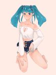  1girl alternate_costume aqua_hair bangs blue_eyes blush breasts cappuccino-caffe cleavage_cutout collarbone crop_top denim denim_shorts eyebrows_visible_through_hair full_body hatsune_miku highres kneeling long_hair long_sleeves looking_at_viewer medium_breasts off-shoulder_shirt off_shoulder open_clothes open_shorts orange_background shirt short_shorts shorts simple_background solo twintails vocaloid white_shirt wide_sleeves 
