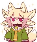  1girl animal_ear_fluff animal_ears bangs bell bell_collar blonde_hair blush brown_collar chibi collar extra_ears eyebrows_visible_through_hair fox_ears fox_girl fox_tail green_shirt hair_between_eyes jingle_bell jitome kemomimi-chan_(naga_u) long_sleeves looking_at_viewer naga_u orange_neckwear original parted_lips pleated_skirt purple_skirt red_eyes sailor_collar school_uniform serafuku shirt sidelocks simple_background skirt sleeves_past_fingers sleeves_past_wrists solo sparkle tail white_background white_sailor_collar 