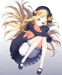  1girl abigail_williams_(fate/grand_order) black_bow black_dress black_footwear black_hat blonde_hair bloomers blue_eyes blush bow closed_mouth dress eyebrows fate/grand_order fate_(series) feet forehead gradient gradient_background hair_bow hat holding holding_stuffed_animal light_smile long_hair long_sleeves looking_at_viewer masuishi_kinoto object_hug orange_bow shoes sleeves_past_fingers sleeves_past_wrists smile solo stuffed_animal stuffed_toy teddy_bear underwear 