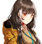  1girl bangs black_hair blush cardigan closed_mouth collared_shirt commentary_request girls_frontline headset heterochromia hood hood_down hooded_jacket jacket lanyard long_hair looking_at_viewer multicolored_hair open_clothes open_jacket orange_eyes ro635_(girls_frontline) shirt sidelocks silence_girl simple_background smile solo streaked_hair twintails upper_body white_background white_hair white_shirt yellow_eyes 