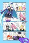  1boy 4koma 5girls arakuma_(wildbearsan) armor bangs black_hair blonde_hair blood blood_from_mouth blue_hair boots breasts brynhildr_(fate) brynhildr_romantia comic commentary_request eyebrows_visible_through_hair fate/grand_order fate/prototype fate/prototype:_fragments_of_blue_and_silver fate_(series) fujimaru_ritsuka_(female) gauntlets glasses hair_between_eyes head_wings highres hildr_(fate/grand_order) holding holding_weapon hood lance long_hair medium_hair multiple_girls neckerchief orange_hair ortlinde_(fate/grand_order) partially_translated pink_hair pleated_skirt polearm red_eyes sailor_collar short_hair sigurd_(fate/grand_order) skirt spear speech_bubble stabbed thigh-highs thrud_(fate/grand_order) translation_request valkyrie_(fate/grand_order) very_long_hair violet_eyes weapon 