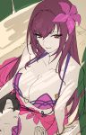  1boy absurdres bikini bracelet breasts brown_hair cleavage collarbone fate/grand_order fate_(series) flower fujimaru_ritsuka_(male) hair_flower hair_intakes hair_ornament heart highres jewelry lap_pillow large_breasts leg_garter long_hair palm_tree pink_bikini purple_bikini purple_hair purple_sarong red_eyes sand sarong scathach_(fate)_(all) scathach_(fate/grand_order) scathach_(swimsuit_assassin)_(fate) slept_(re_mix) smile swimsuit tree 