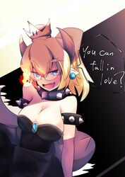  1girl black_collar black_dress blonde_hair blue_earrings blue_eyes bowsette breasts cleavage collar crown dress earrings english fire glasses horns jewelry kaz_q large_breasts super_mario_bros. new_super_mario_bros._u_deluxe nintendo open_mouth pointy_ears ponytail sharp_teeth smile solo speech_bubble spiked_armlet spiked_collar spikes strapless strapless_dress super_crown teeth 