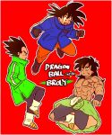  3boys :d aida_kaiko black_gloves black_hair blue_coat boots border broly_(dragon_ball_super) character_name chest_scar coat commentary_request copyright_name dragon_ball dragon_ball_super dragon_ball_super_broly dragonball_z expressionless floating gloves green_coat hand_in_pocket happy long_hair looking_away looking_down looking_up male_focus multiple_boys open_mouth profile red_background scar serious shirtless short_hair simple_background smile son_gokuu spiky_hair torn_clothes torn_legwear vegeta white_border wristband 