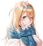  1girl bangs blonde_hair blue_coat blue_eyes blush breasts closed_mouth coat fur-trimmed_coat fur_trim girls_frontline gloves hair_between_eyes hair_ornament hairband hands_on_own_cheeks hands_on_own_face long_hair looking_at_viewer medium_breasts shawl sidelocks silence_girl simple_background smile snowflake_hair_ornament solo suomi_kp31_(girls_frontline) upper_body white_background white_gloves 